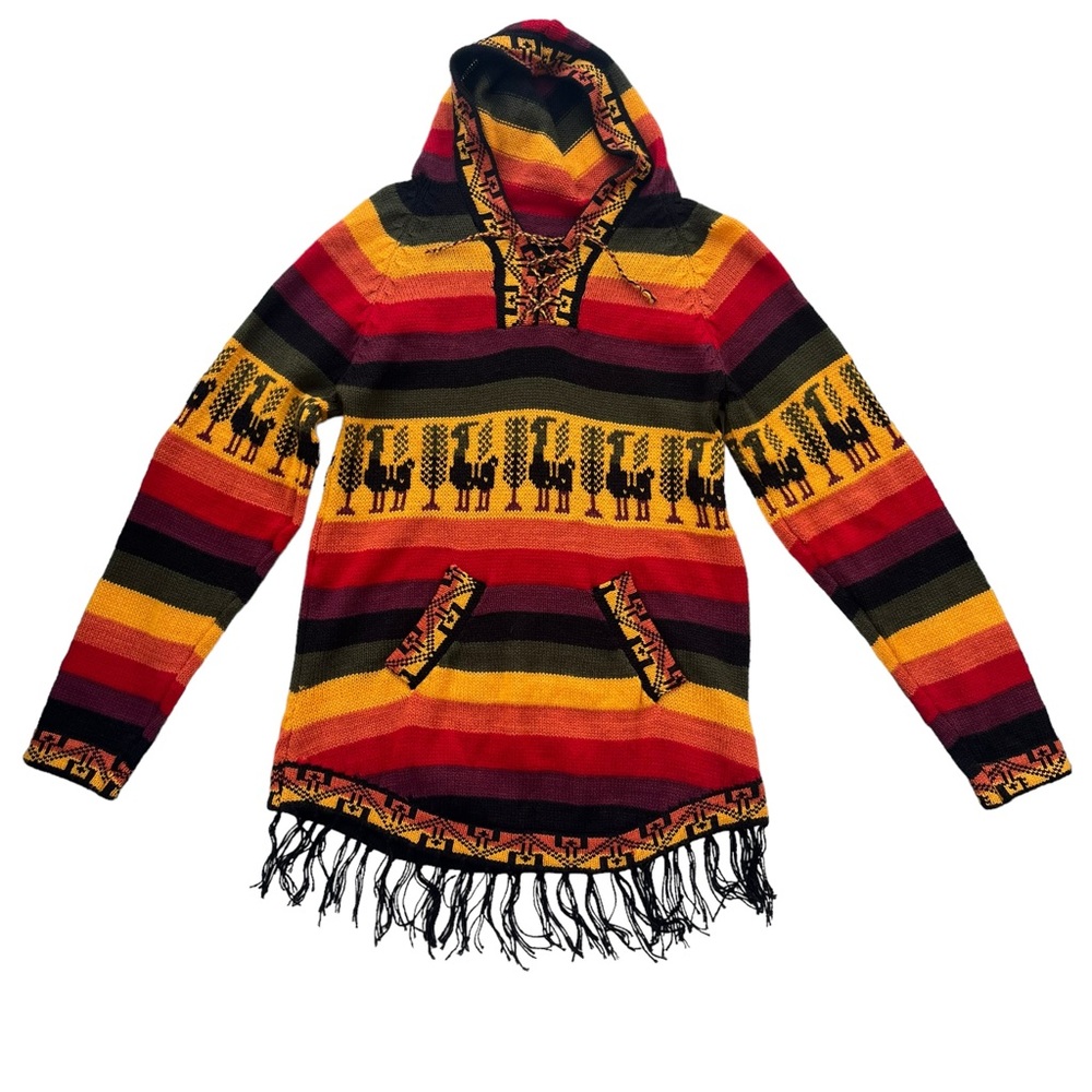 ARTESANIAS APAZA ALPACA Women’s S/M Peru Multicolor Sunset Stripe Hooded Sweater - Picture 1 of 15